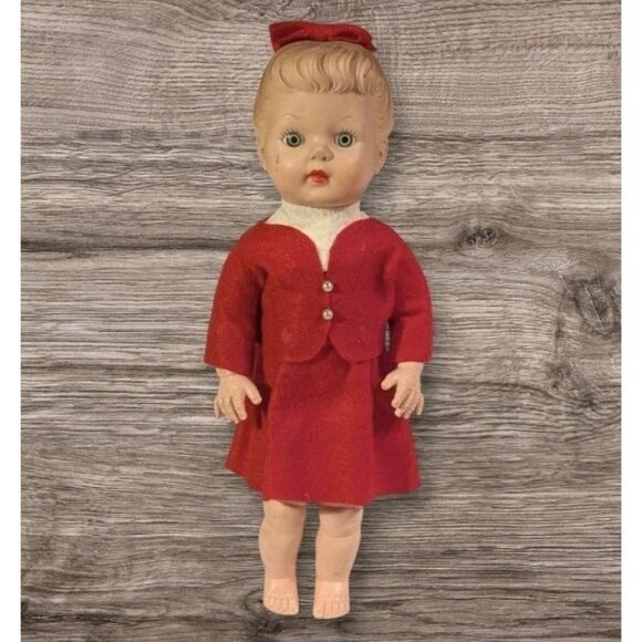 Baby Doll Molded Ponytail Rubber Handmade Outfit MCM 50s Style Hair Red Bow Vtg